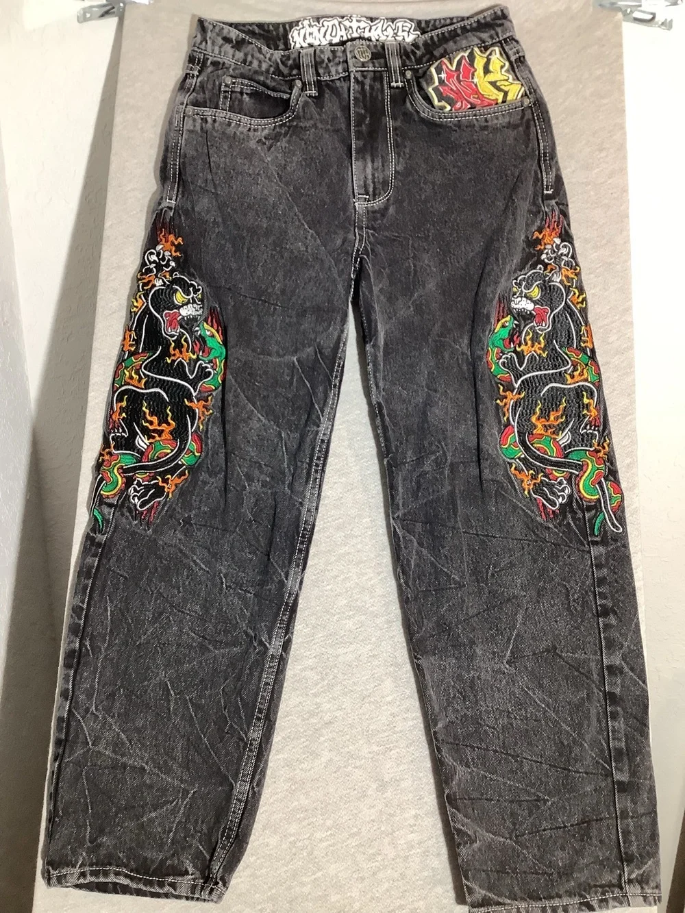 Ambush Acid Wash Black Jeans with Embroidered Jaguar Panels